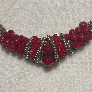 Kumihimo Japanese Beaded Choker Necklace Coral Red Gold Knot Handmade